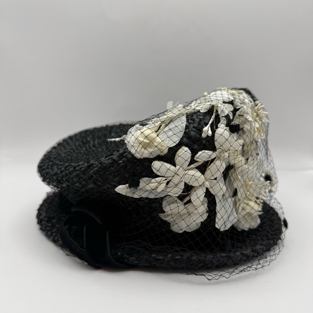 United Hatter Cap & Millinery Black Straw Lace Flowers Velvet Ribbon Ladies Hat